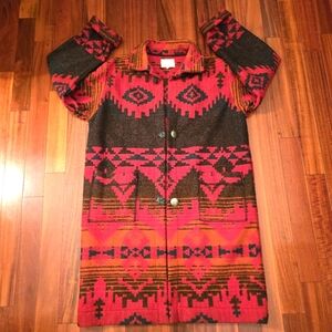 Vintage Large Aztec Patterned Red/Black Coat Front Pockets Wool Knee-Trench